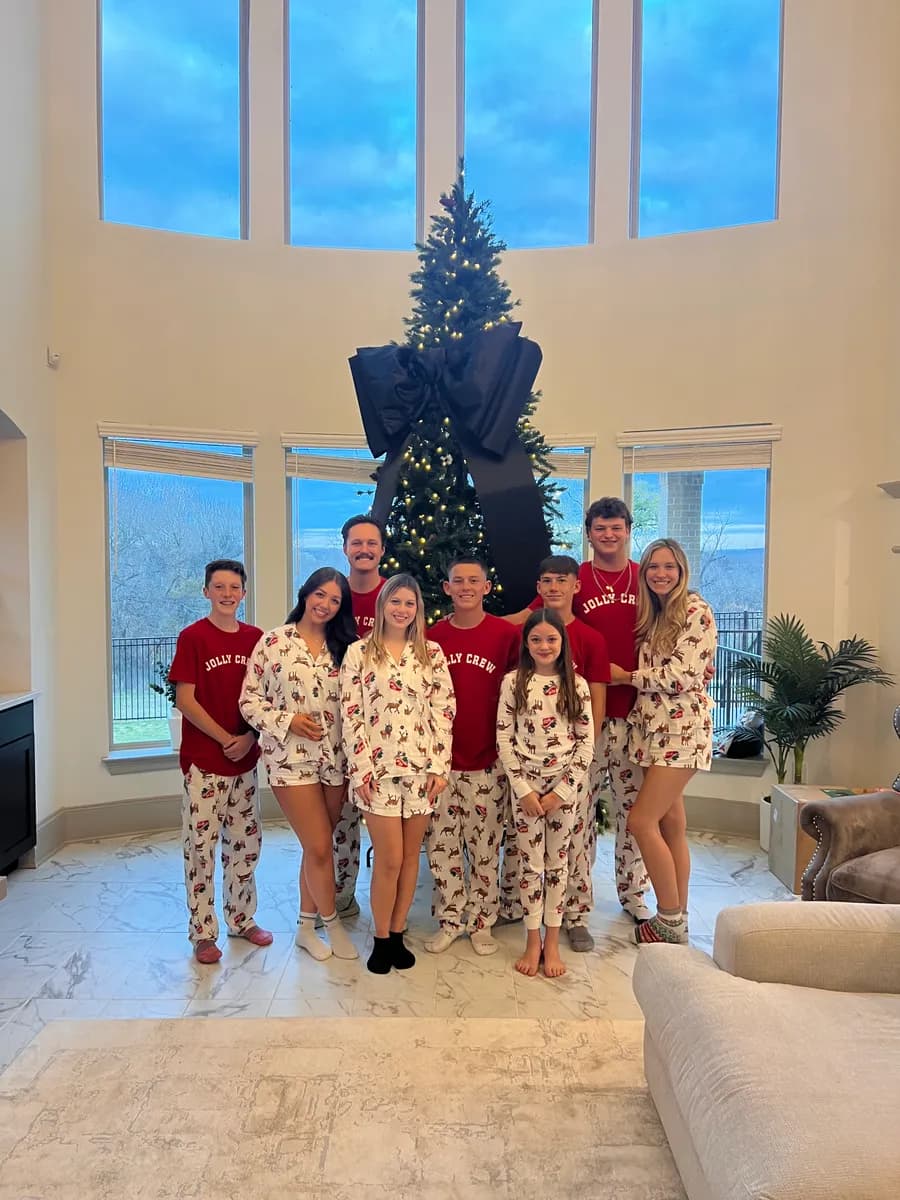 The McCoy family in matching Christmas pajamas