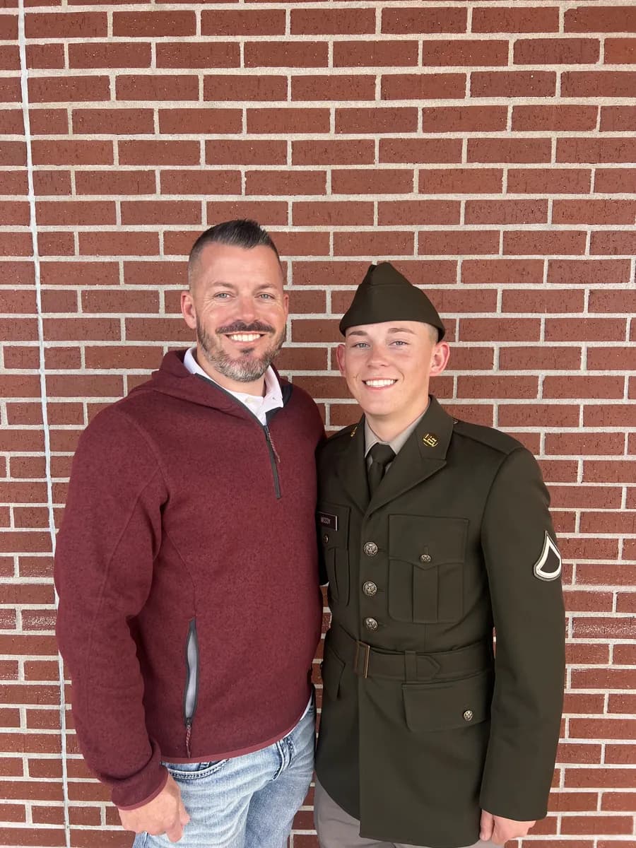 Tim McCoy with his son in military uniform