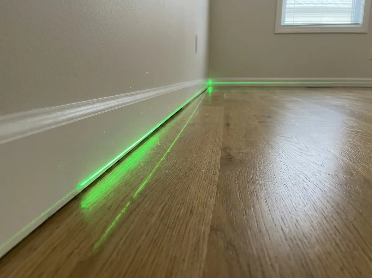 Same room with green laser level line revealing the wall is angled and the room is not square